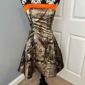 Mossy Oak Green and Orange Strapless Fit and Flare Mini Dress